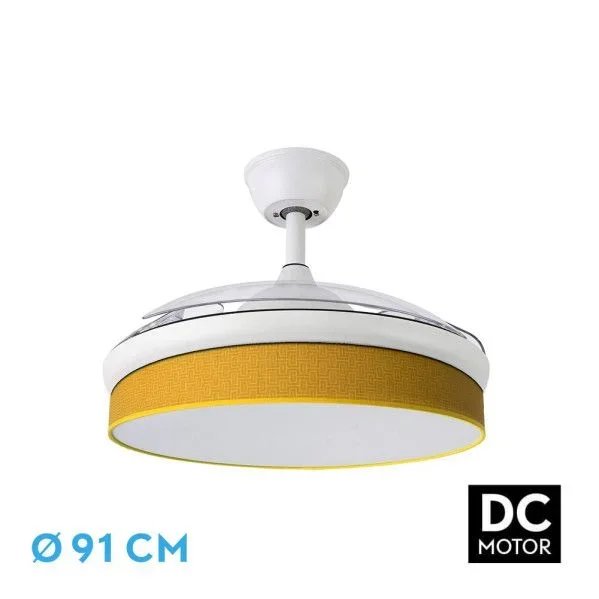 Abrila – Ventilador DC MODA | Color Blanco con tres Aspas Desplegables ABS y Difusor Amarillo | 6 Velocidades Ajustables | 3 Temperaturas de Luz | con Temporizador y Mando a Distancia Incluido