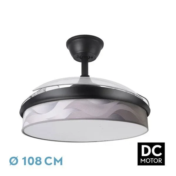Abrila – Ventilador DC MODA | Color Negro con tres Aspas Desplegables ABS y Difusor Ola Gris | 6 Velocidades Ajustables | 3 Temperaturas de Luz | con Temporizador y Mando a Distancia Incluido