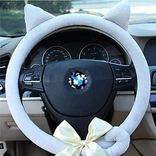 Accrie Cartoon Cat Steering Wheel Plush Short Winter Warm Leather Steering Wheel Cover for Women Grey Handle 38cm