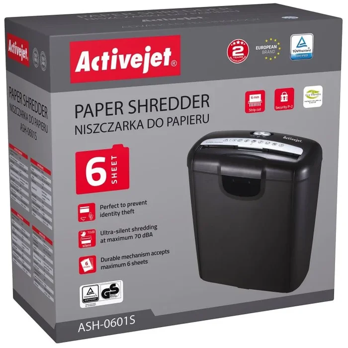 ACTIVEJET – Destructor de documento (Norma P-2, 5,8 mm, Tapa 6 Hojas, 10 litros, Color Negro