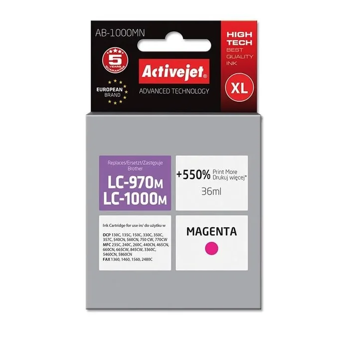 ActiveJet ABR-1000M Cartucho de Tinta Magenta 1 Pieza(s) – Cartucho de Tinta para impresoras (Tinta a Base de pigmentos, Magenta, Brother DCP 130C,