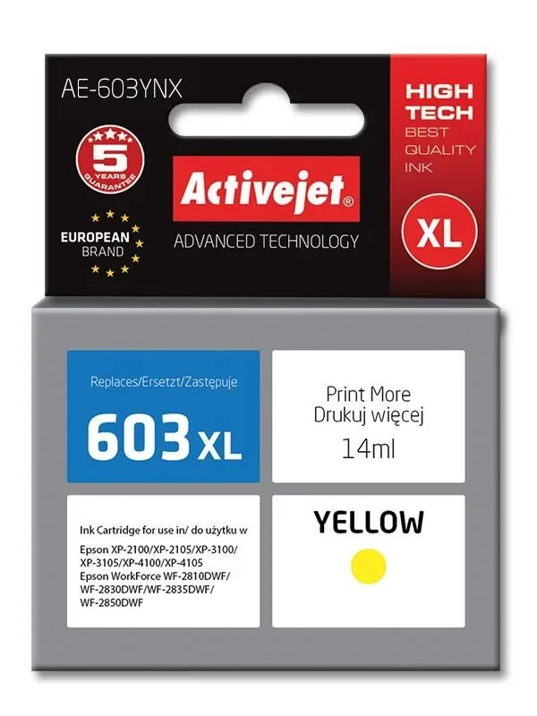 activejet Cartucho de Tinta AE-603YNX (Repuesto Epson 603XL T03A44; Supreme; 14 ml; Amarillo)