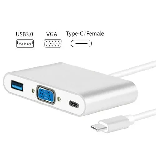 Adaptador Concentrador USB Tipo C a VGA 3 en 1 para MacBook Pro y Google Chromebook (Plateado)