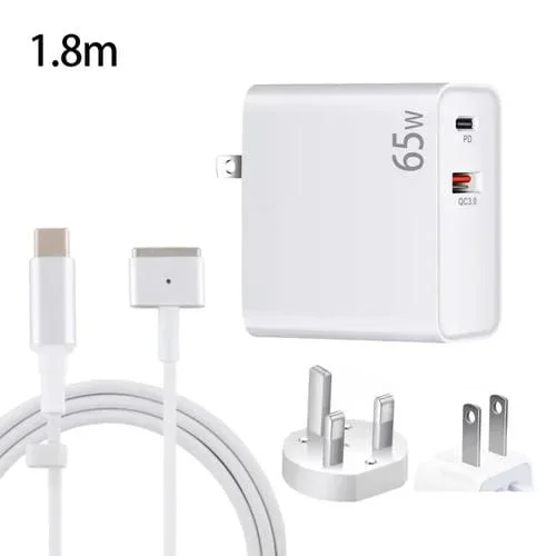 Adaptador de carga portátil Pd 65W Usb-C Tipo-C + QC3.0 con cable 1.8M Usb-C a Magsafe 2 (Blanco)