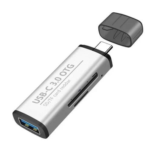 Adaptador OTG Ads-103 3 en 1 Tipo C Macho a USB 3.0 Femeninas con Slots Tarjeta SD y TF (Plata)
