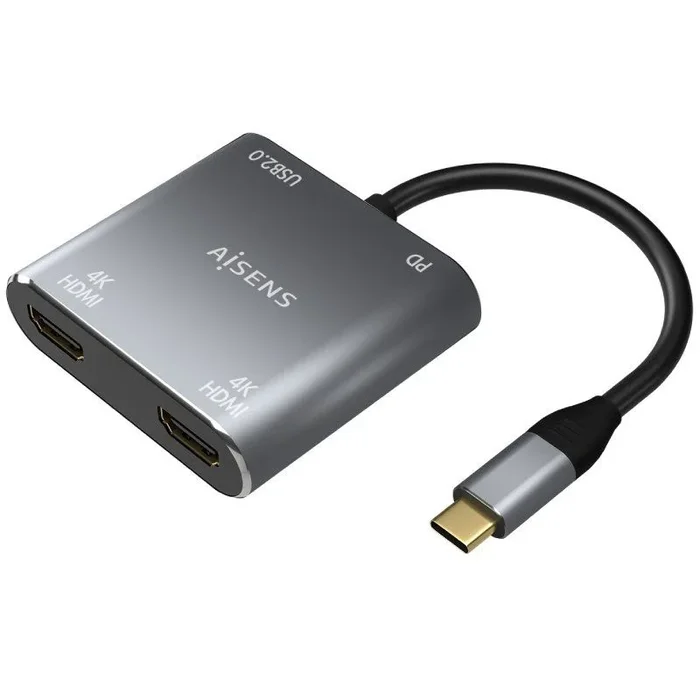 AISENS – CONVERSOR USB-C A 2xHDMI 4K SST MST/USB2.0/USB-C PD 60W. USB-C/M-2xHDMI/H-USB-A/H-USB-C/H. GRIS. 15CM