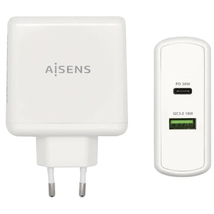 AISENS Cargador 48 W, 1x USB-C PD3.0 30 W, 1x USB-A QC3.0 18 W, Blanco