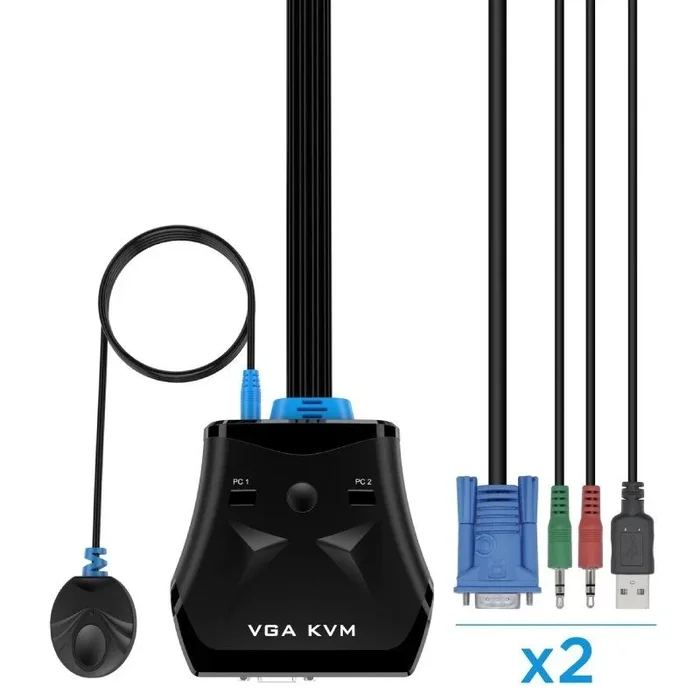 AISENS Conmutador KVM VGA USB 1U-2PC+cable, negro