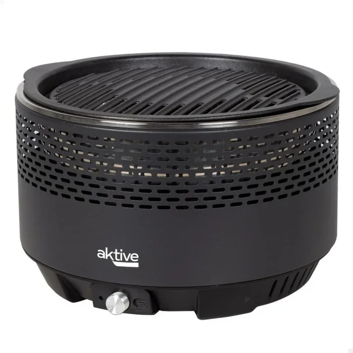 Aktive – Barbacoa Portátil a carbón recargable a pilas sin Humo Negra, Protección antigoteo, Medidas Ø34×24,5cm, Incluye bolsa de transporte, Hornea en la parte interior, parrilla (63002)