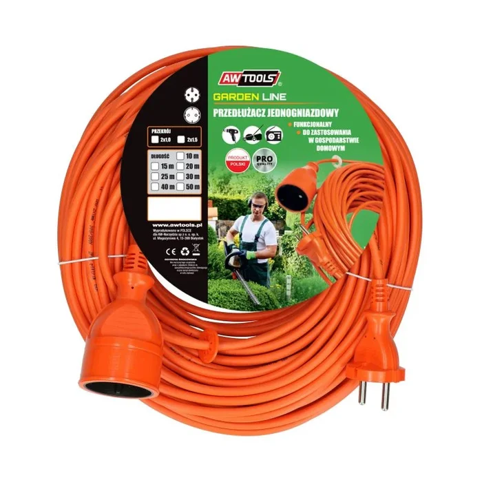 Alargador de jardín sin toma de tierra, Awtools, modelo 25m 2×1,0mm 10A, ideal para exteriores, cable largo, resistente y flexible, conexión segura, práctico y fácil de usar