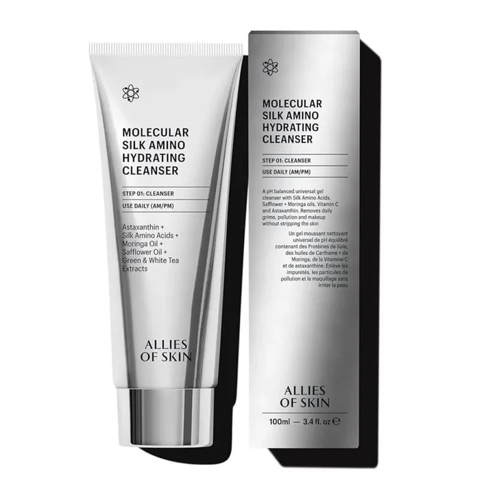 Allies of Skin Molecular Silk Amino Hydrating Cleanser: Hyaluronic Acid, Ceramides, Safflower & Moringa Oils. Nourishes, Conditions & Repairs 100 ml/2.4 oz