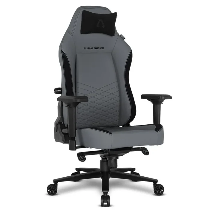 Alpha Gamer Alegra V2 – Silla Gaming Ergonómica de Cuero PU, Soporte Lumbar Ajustable, Almohada Cervical Magnética, Reposabrazos Ajustables 4D, Respaldo Reclinable 180º, Base de Aluminio, Color Gris