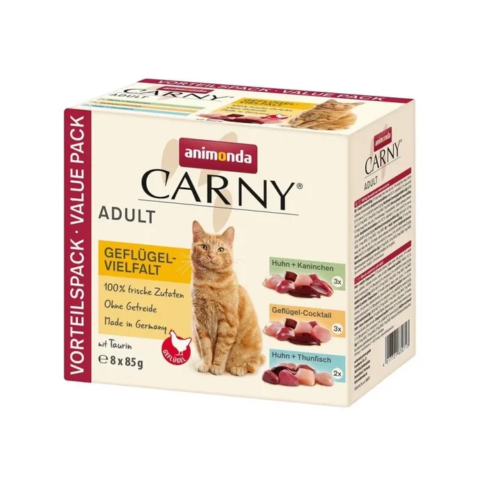 animonda Carny Pienso Comida para Gatos Adultos, Comida húmeda para Gatos Adultos, sin Cereales, en Bolsa Fresca, Variedad de Aves, sin azúcar, 8 x 85 g