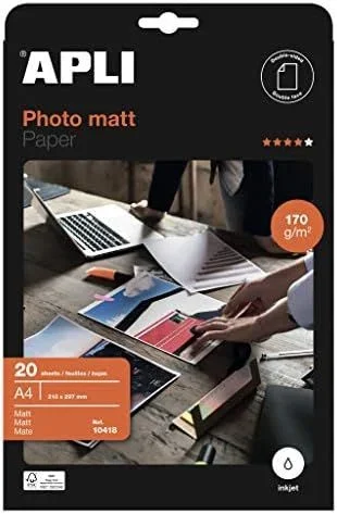 APLI 10418 – Papel fotográfico Matt A4, pack de 20 hojas, 170 g, con acabado mate, apto impresoras inkjet