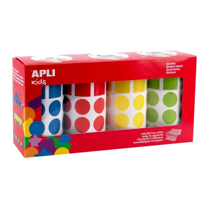 Apli gomets geometricos surtidos parchis – 20mm – adhesivo permanente – 8260 gomets – 59 hojas pretroqueladas – 35 gomets por hoja – desarrollo de habilidades y capacidades – normas de calidad y seguridad cumplidas