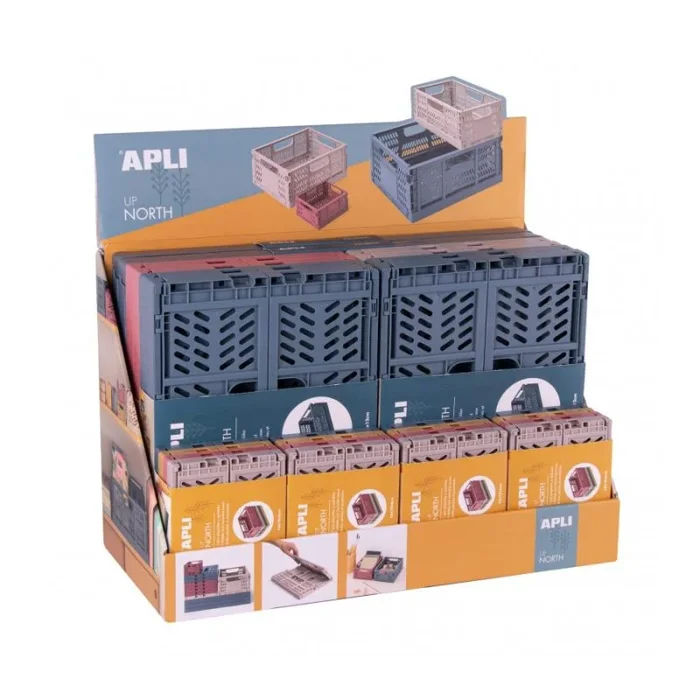 APLI Up North Expositor de 26 Cajas de Plastico Plegables y Apilables – 2x 43x29x16cm, 8x 29x21x21cm y 16x 14x10x6cm – Ideal para Herramientas, Juguetes, Colada etc – Colores Surtidos marca