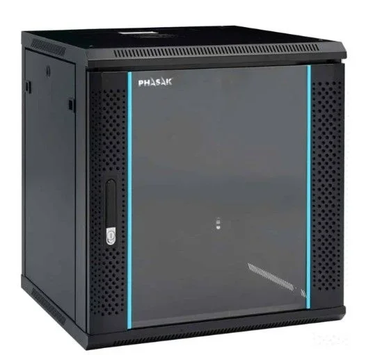 Armario Rack 12U Phasak, bastidor de pared negro, ideal para servidores y telecomunicaciones, diseño compacto y resistente, fácil montaje, ventilación eficiente y máxima seguridad