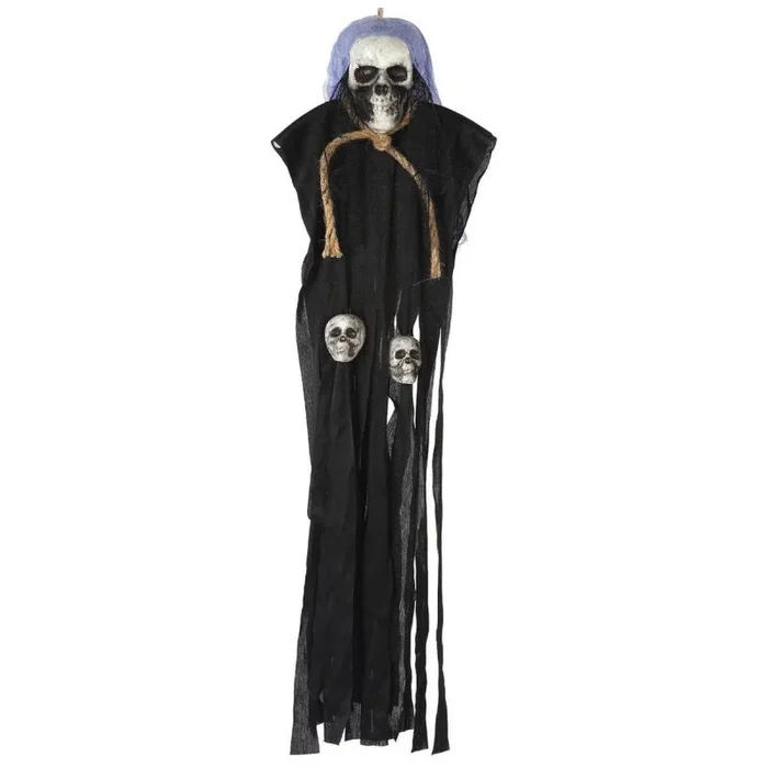 ATOSA colgante esqueleto calavera 70 cm con capa negra y detalles de cráneos