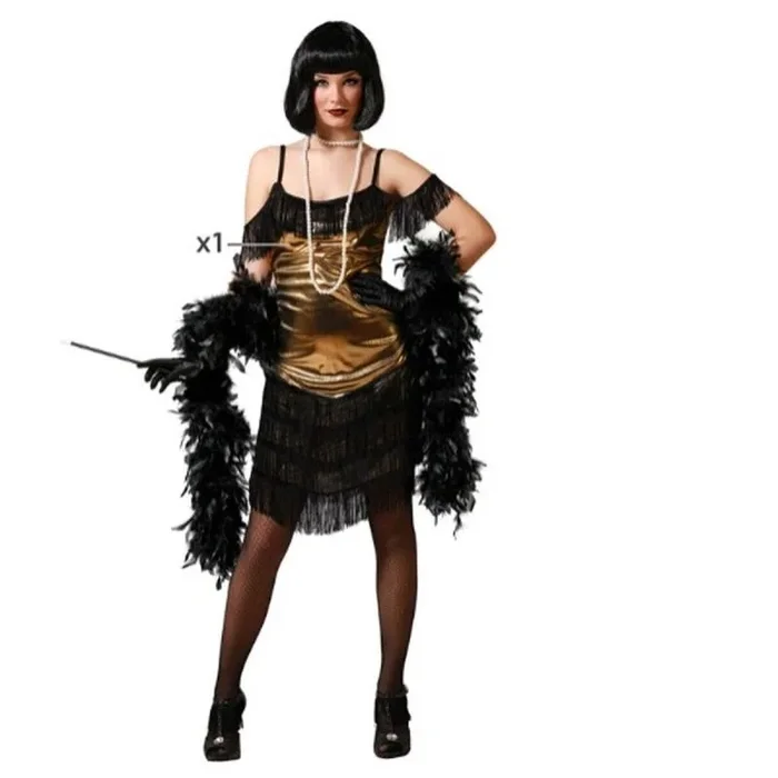 ATOSA | Disfraz de Cabaret Mujer Adulto | Glamour, Seducción y Energía | Para Fiestas Temáticas, Carnaval, Espectáculos | Vestido con Flecos y Brillos en Negro y Dorado | Teatral y Extravagante | XS-S