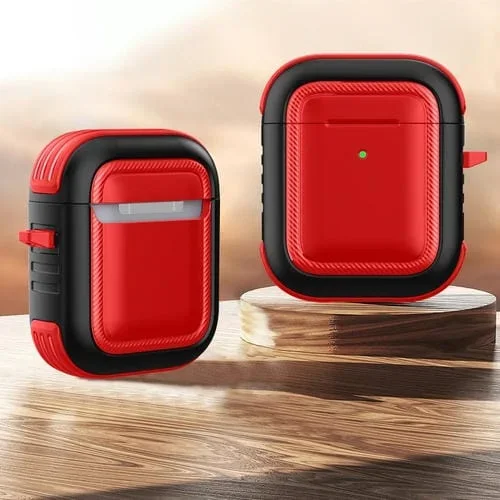 Auriculares inalámbricos funda protectora TPU + PC con mosquetón para AirPods 1/2 (Rojo + Negro)