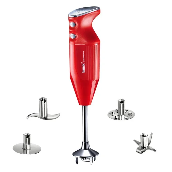 bamix Batidora de mano M350 MAXX con cuchillas multifunción, Carne, Verdura, Mezclador, Disco giratorio de acero inoxidable, 350 W, 2 veloc., Made in Switzerland, Rojo/cromado