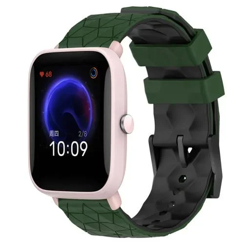 Banda de Reloj Amazfit Pop Pro 20mm silicona textura de fútbol dos colores (Verde Militar + Negro)