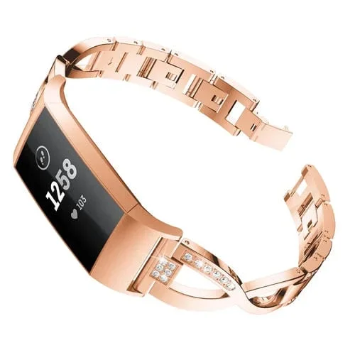 Banda de Reloj de Acero Metal Diamante Forma de X para Fitbit Charge 3 (Oro Rosa)