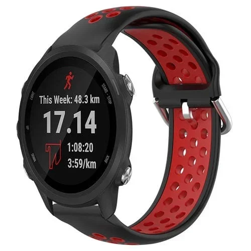 Banda de Reloj de Silicona Deportiva para Garmin Forerunner 245 Music 20mm Transpirable Perforada (Negro + Rojo)