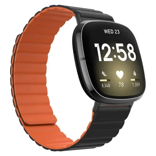 Banda de Reloj Silicona Magnética para Fitbit Versa 4 y Sense 2 (Negro Naranja)