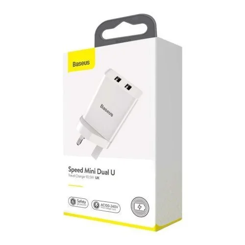 Baseus travel charger u+u, 2.1a 10.5w (uk plug) white (ccfs-s02)