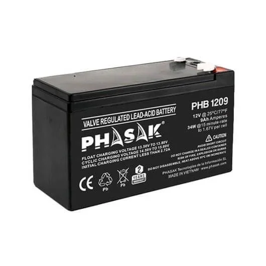 Batería 12V 9Ah Phasak, respaldo de energía confiable, ideal para SAI, alarmas y sistemas de seguridad, alto rendimiento, recargable, compacta y duradera