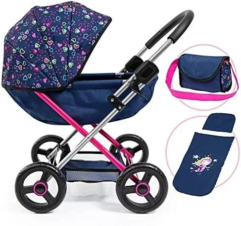 Bayer Design Muñecas: Cochecito de bebé, azul, rosa, corazones, incluye manta y bolsa de hombro, se adapta a muñecas de hasta 18 pulgadas, cuenta con mango suave, marco de dos colores, ruedas grandes para facilitar el giro, a partir de 3 años