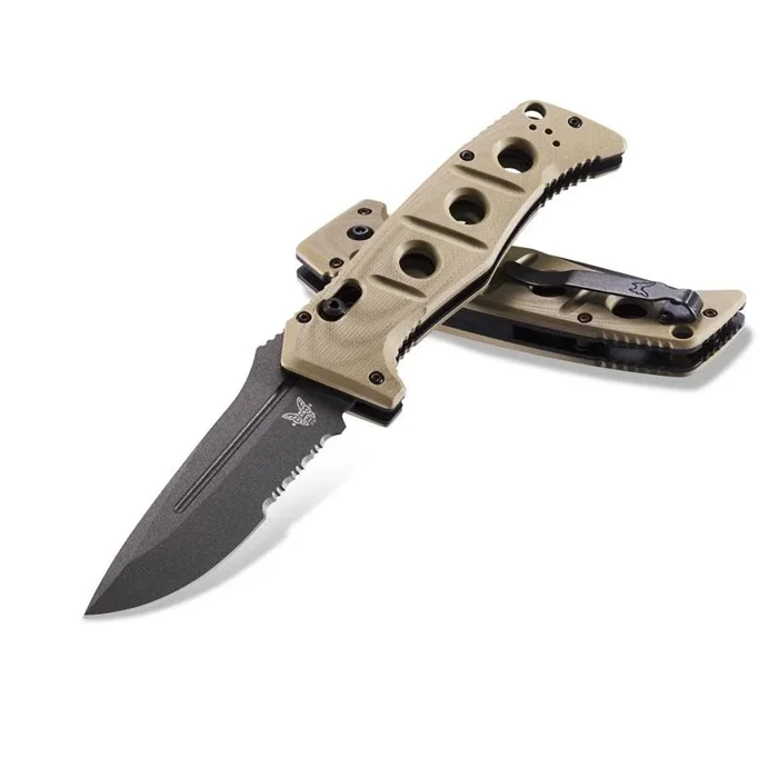 Benchmade STE-2750SGY-3 Cuchillo plegable Auto Adamas AXIS con Hoja combinada de acero para herramientas súper fuerte CPM-CruWear (63-65 HRC) y mango G10 Tan Desierto contorneado con forro de acero inox Tan desierto Incluye funda nylon