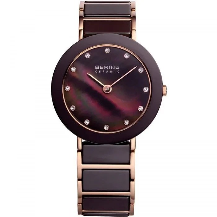 BERING 11435-765 Reloj de cuarzo para mujer, caja de acero inoxidable de 35 mm con acabado en oro rosa, esfera marrón, brazalete de acero inoxidable y detalles en cerámica, resistencia al agua 3 ATM