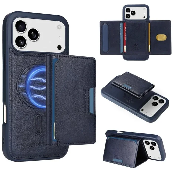 BETOPNICE – Funda tipo cartera con tapa horizontal y desmontable MagSafe para iPhone 17 Pro Max (azul)