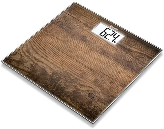 Beurer GS 203 Madera – Báscula de baño de vidrio con diseño rústico, ultra plana 1.9 cm, pantalla LCD grandes dígitos (4 cm), 150 kg /100 gr, efecto madera