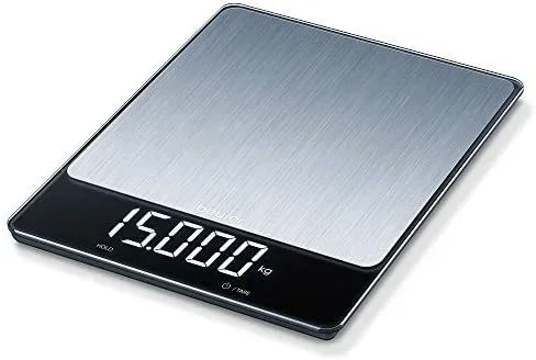 Beurer KS34 Balanza de cocina, medición de carga extra alta 15 kg /1 gr, pantalla led (9.5 x 2.5 cm) con dígitos de 2.5 cm, display invisible, apagado automático, acero inoxidable