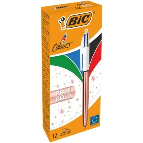 BIC Lote de 3 bolígrafos retráctiles, 4 colores, punta media, cuerpo rosa dorado
