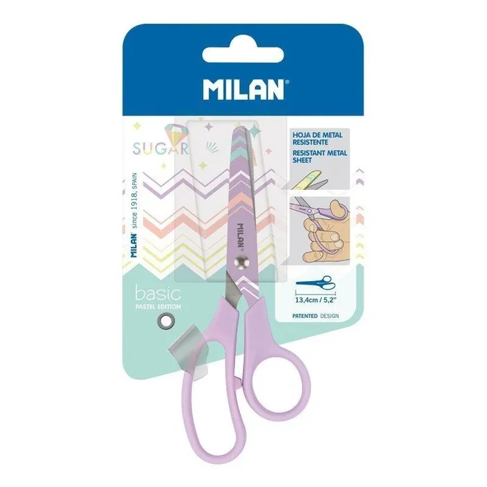 Blister tijeras milán basic pastel sugar diamond lila – cuchilla acero inoxidable – mango plástico