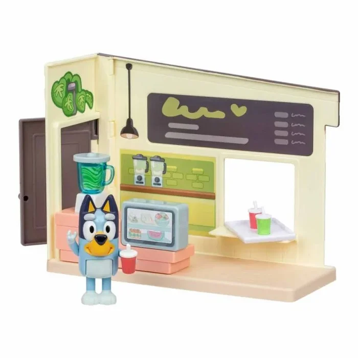 Bluey Set de Juego Puesto de zumos, Incluye Figura articulada, Ayuda elaborar deliciosos zumos y Batidos, Incluye Divertidas Pegatinas de Frutas para Decorar el Puesto de zumos