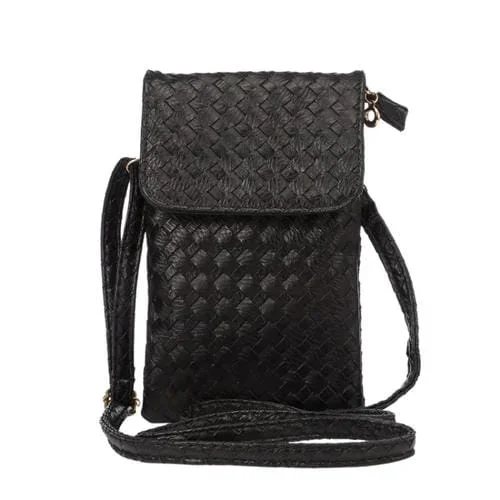 Bolsa de Transporte de Piel Sintética Universal Estilo Vertical Textura Tejida (Negro)
