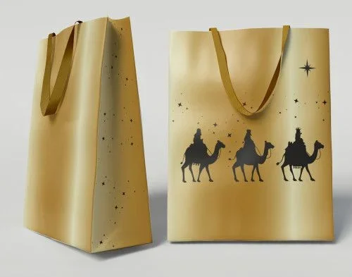 Bolsa dorada papel reyes magos s (24x10x32 cm) con tarjeta colgante bismark 333673