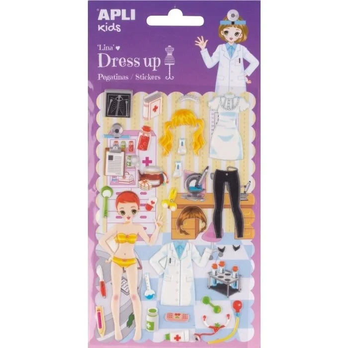 Bolsa pegatinas apli dress up lina – incluye 1 hoja con 31 pegatinas y 1 escenario – adhesivo removible