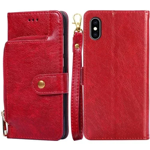 Bolso con Cremallera PU + TPU Funda de Cuero para iPhone X Xs con Tapa Horizontal Soporte Ranura Tarjeta Billetera Cordón (Rojo)