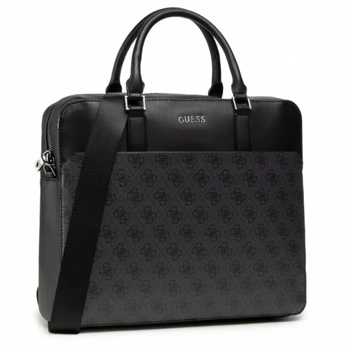 Bolso textil unisex Vezzola Guess, bolsa casual con correa ajustable y extraíble, bolsillo interior con cremallera, logotipo metálico frontal, color negro, práctico y moderno