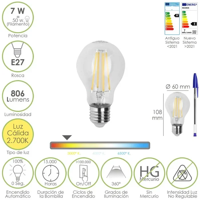 Bombilla led filamento standar rosca e27. 7 watt. equivale a 50 watt. 806 lumenes. luz calida 2700º k.