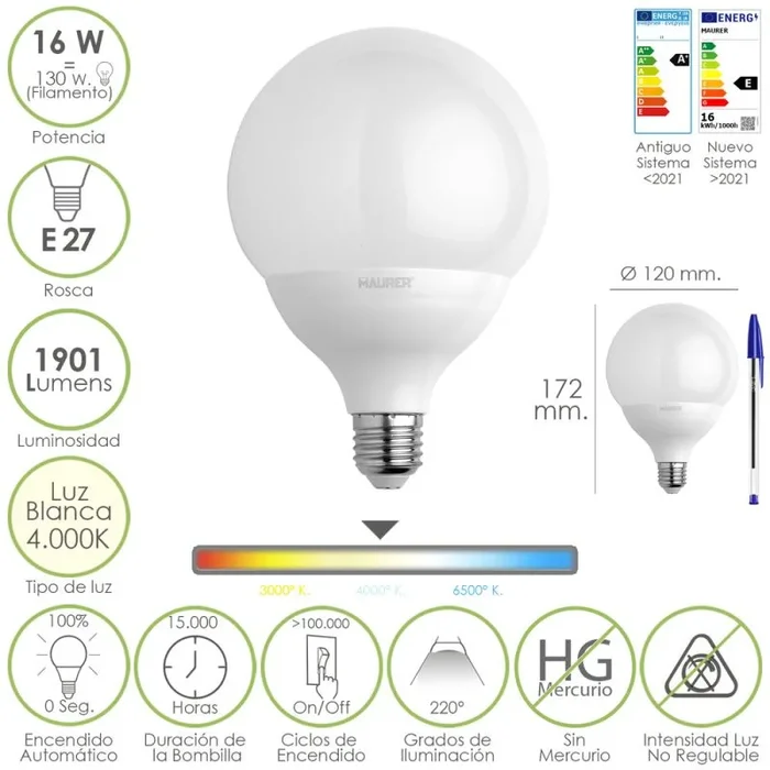 Bombilla led globo rosca e27. 16 watt. equivale a 130 watt. 1901 lumenes. luz blanca (4000º k.)