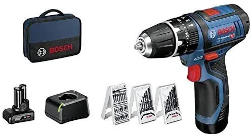 Bosch Professional 12V System taladro percutor a batería GSB 12V-15 (incluye 1 batería de 2,0 Ah, 1 batería de 4,0 Ah, cargador GAL 12V-20, set de 39 accesorios, maletín de lona)