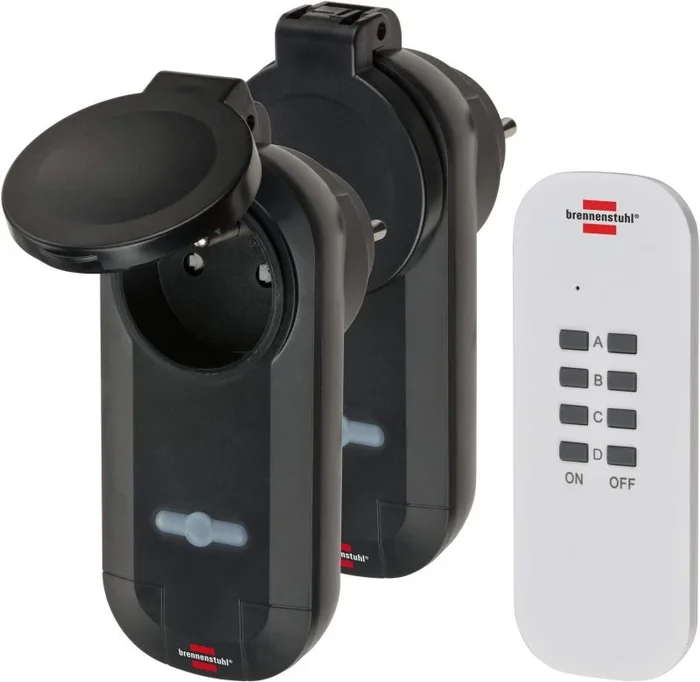 Brennenstuhl 1507031 – Juego de 1 Mando a Distancia y 2 receptores (Encendido y Apagado fácilmente los apprailes eléctricos, IP44), Color Negro y Blanco, Negro y Blanco, 2 enchufes