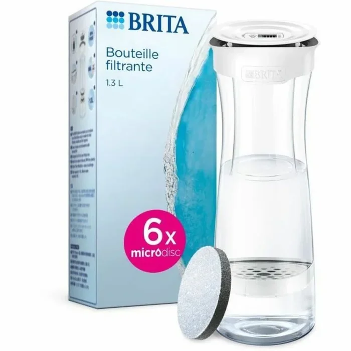BRITA Botella filtrante blanca de grafito x6 filtros MicroDisc INCL – reducida El Cloro, Algunos PFAS, pesticidas, herbicidas y hormonas, Conserva minerales como El Calcio y el Magnesio